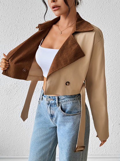 Women'S Casual Double-Breasted Trench Coat - Loose Fit, Long Sleeve, Beige & Brown Patchwork Design, Button-Up Front, Lightweight Fabric for Spring/Fall, Spring Outerwear | Relaxed Fit Coat | Structured Design