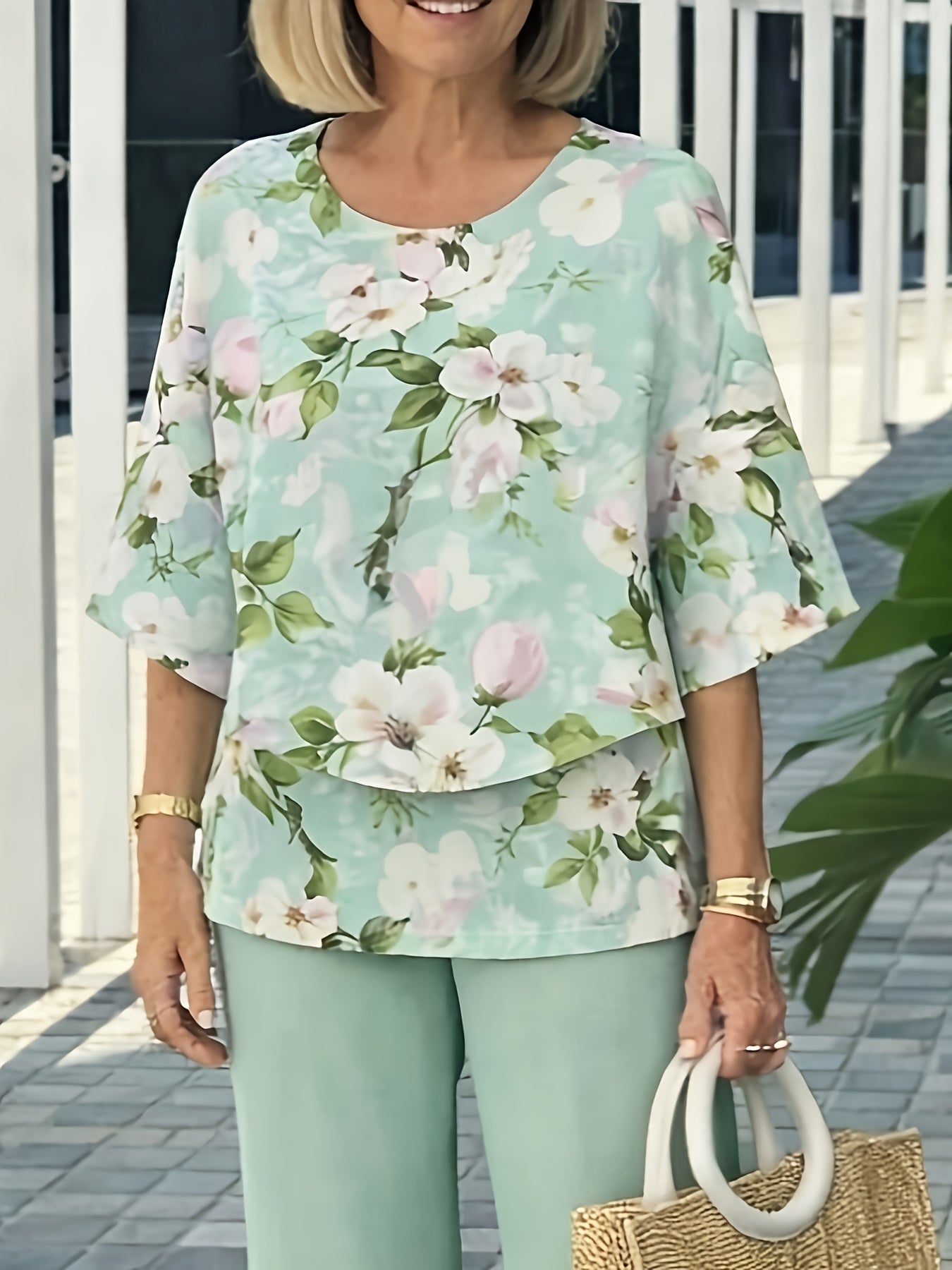 Women's Elegant Floral Pantsuit Set Short Sleeve for Spring