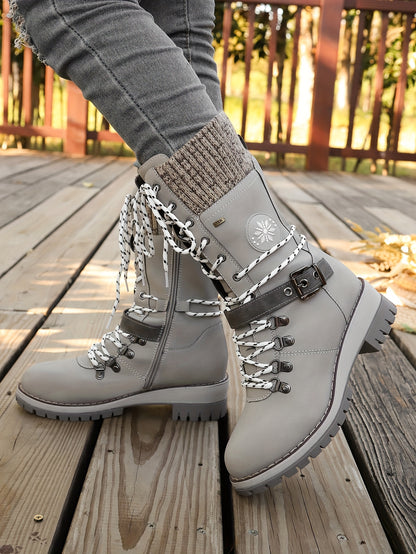 Women'S Comfortable Knitted Mid-Calf Winter Boots - Anti-Slip Side Zipper Lace-Up Design, Thick Sole, Fleece-Lined Retro Style in Black/Brown/Beige/Red/White for Casual Wear, Women Cowboy Boots, Women Winter Boots, Women Autu