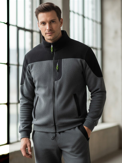 New Autumn And Winter Men'S Plush Zip-Up Color-Blocking Pocket Stand Collar Jacket And Long Pants Set, Stylish High Street Men'S Two-Piece Outfit