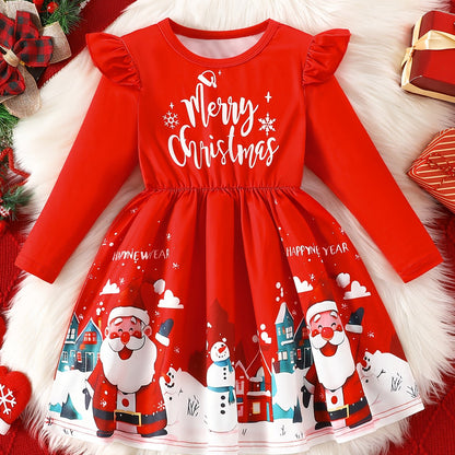 Girls' Christmas Party Dress - Long Sleeve Ruffled Hem Mid-Length Red Dress with Merry Christmas Print, Snowflakes & Santa Hats - Casual Holiday Outfit for Autumn & Winter Festive Celebrations, Durable Construction, Quality S