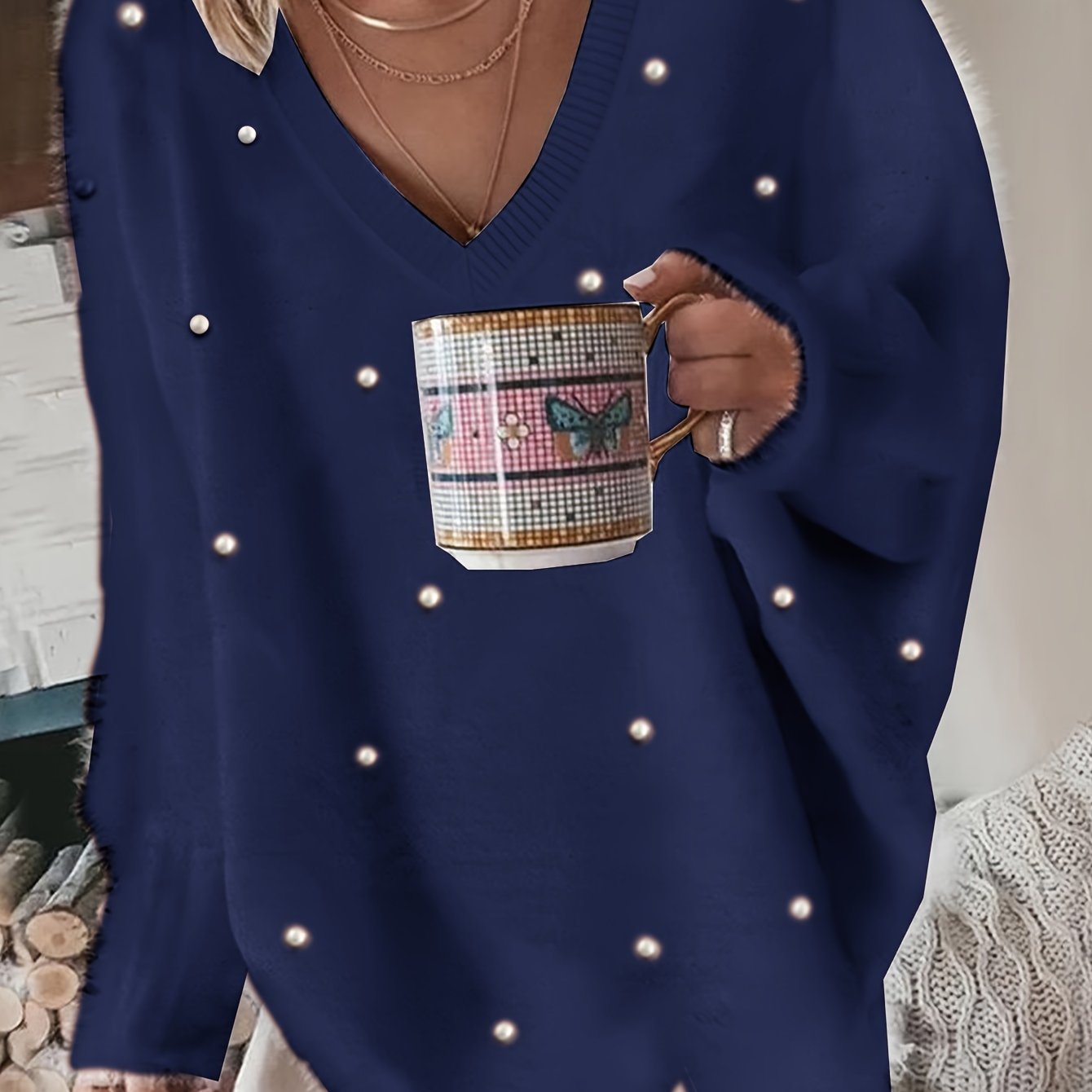 Plus Size - Women'S Cozy Yellow V-Neck Sweater with Pearl Buttons & Fleece-Lined Cuffs - Asymmetrical Hem, Geometric Pattern, Casual Winter Pullover for Casual Attire, Winter Apparel | Vneck Sweater | Pearl Button Details, Sw