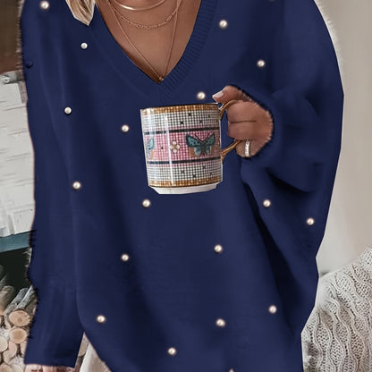 Plus Size - Women'S Cozy Yellow V-Neck Sweater with Pearl Buttons & Fleece-Lined Cuffs - Asymmetrical Hem, Geometric Pattern, Casual Winter Pullover for Casual Attire, Winter Apparel | Vneck Sweater | Pearl Button Details, Sw