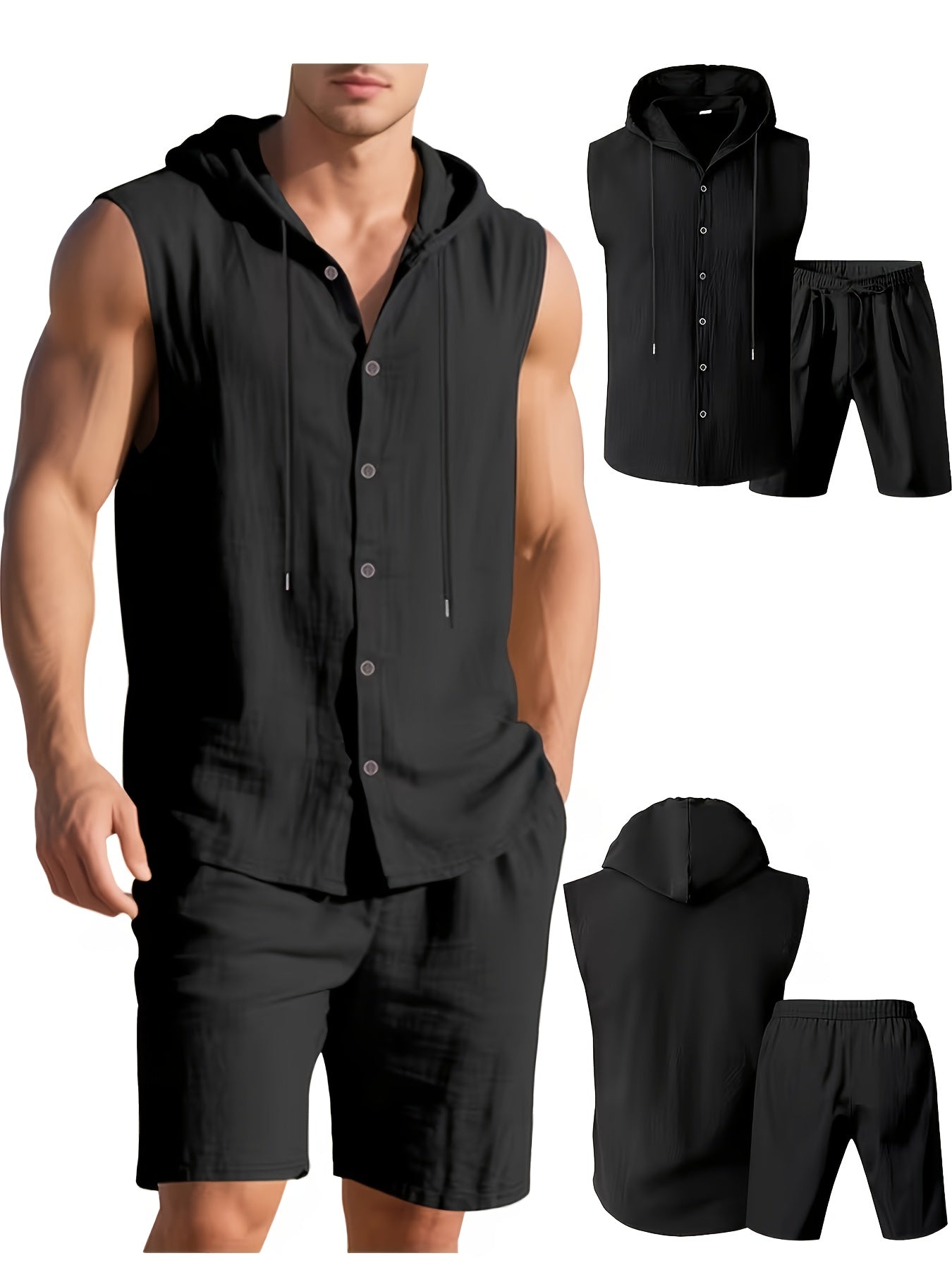 Men's Summer Linen Hooded Sleeveless Shirt & Shorts Set