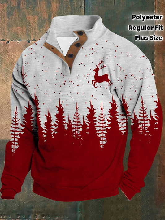 Men'S Plus Size Long Sleeve Henley Shirt with Forest & Deer Application, 100% Polyester Knit Fabric, Regular Fit Sporty & Party Top with Collared Neck and Slight Stretch - Printed Design