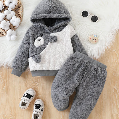 JOPGEEY 2pcs Baby Winter Outfit Set - Cute Plush Hooded Long Sleeve Romper & Pants with 3D Animal Ear Applique (Bears/Cats/Dogs), Soft Stretch Fabric, Machine Washable Cozy for &, Perfect for Outdoor