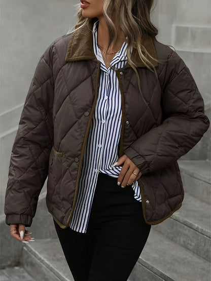 Rhombus Pattern Fashion Women's Top, Collar Spliced Single-Breasted Short Coat, Winter 2024 New Arrival, Contrast Trim, Petite-Friendly Jacket, Fashionable Warm Casual Outerwear, High-Reviewed