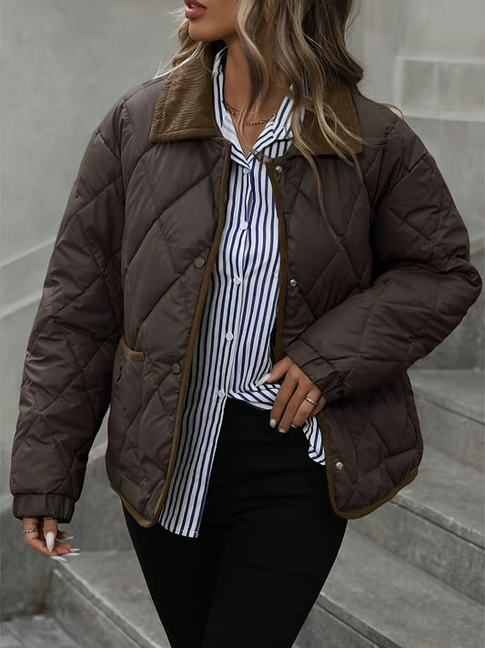 Rhombus Pattern Fashion Women's Top, Collar Spliced Single-Breasted Short Coat, Winter 2024 New Arrival, Contrast Trim, Petite-Friendly Jacket, Fashionable Warm Casual Outerwear, High-Reviewed