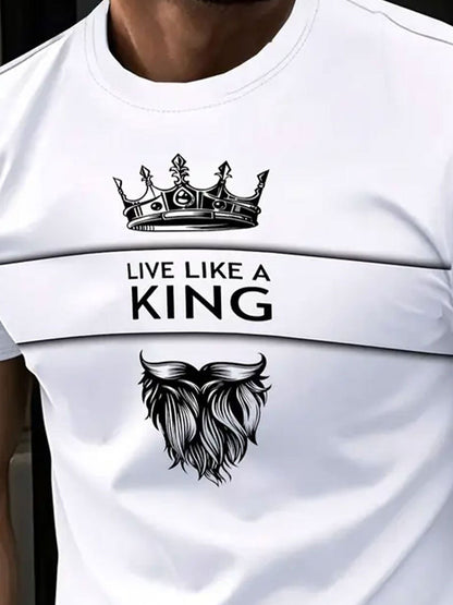 Men's Casual Short Sleeve T-Shirt - Full-Body Print "LIVE LIKE A KING" Crown  Wolf Graphic, Breathable Summer Fabric, Round Neck Regular Fit Tee for Casual Attire, Comfortable Fit