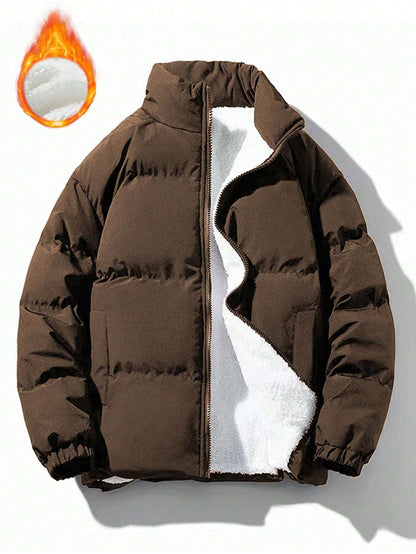 Yilong OBM Men's 2025 Fleece-Lined Winter Coat - Stand Collar Padded Insulation, Machine Washable Polyester, Solid Color Casual Jacket with Zipper Closure for Cold Weather, Winter Jacket, Outdoor Clothing, Minimalist Design,