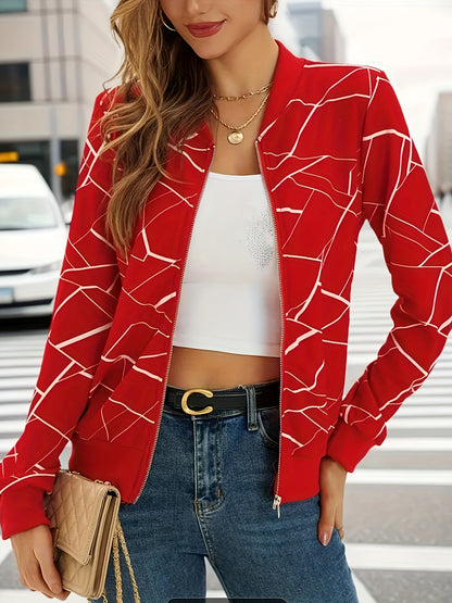 Women's Elegant Black & White Geometric Print Full-Zip Jacket - Casual to Formal Outerwear, Machine Washable Long Sleeve Coat with Full-Zip Front, Relaxed Fit Tapered Hem & Structured Collar for Spring Summer Fall, Casual to