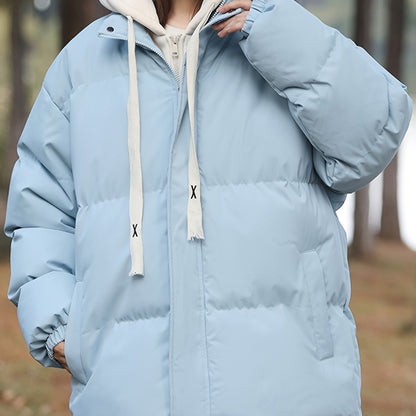 Women'S Light Blue Hooded Puffer Jacket - Cozy Fleece-Lined Winter Coat with Drawstring Hood, Casual Style for Cold Weather, Winter Coat