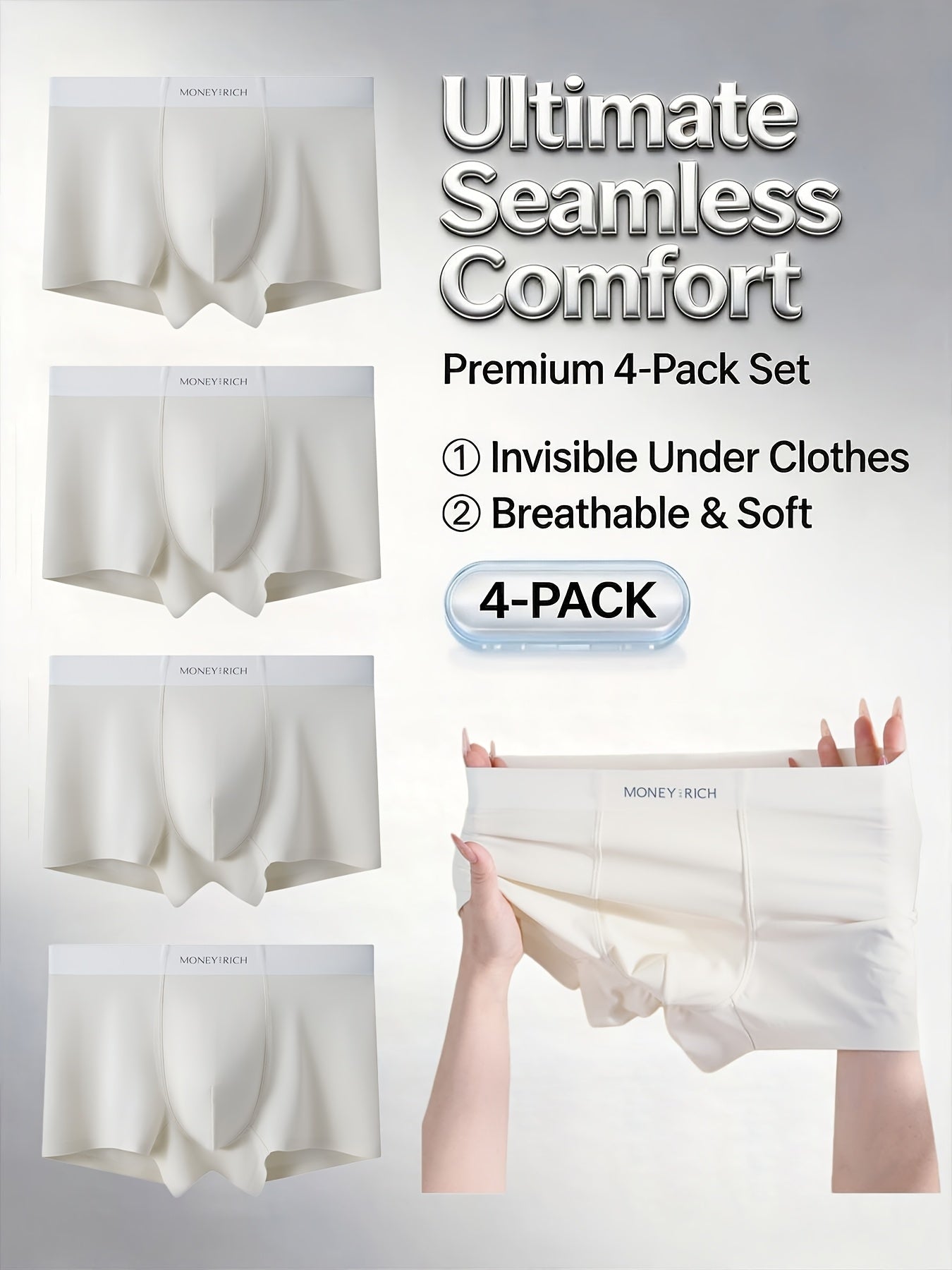 Men's Stretchy Solid Color Breathable Seamless Boxer Briefs, 4-Pack