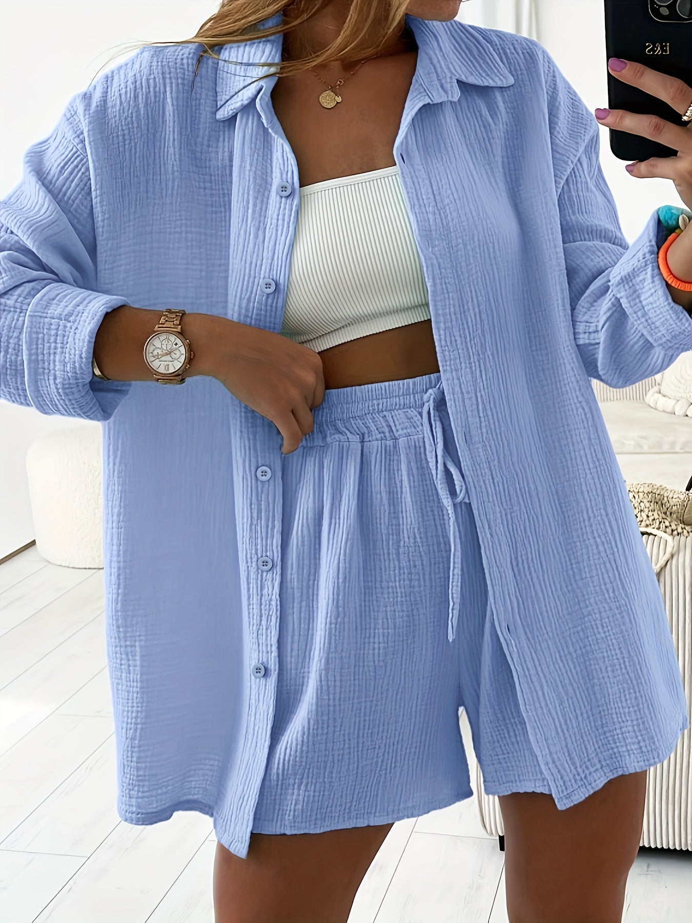 Women's Cotton Cardigan & Shorts Set Casual Long Sleeve