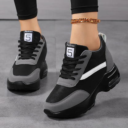 Women's Chunky Platform Casual Sneakers with Thick Cushioned Sole, Breathable Fabric Lining  Synthetic Cover Upper - Black  Grey Lace-Up Shoes for All-Season Comfort