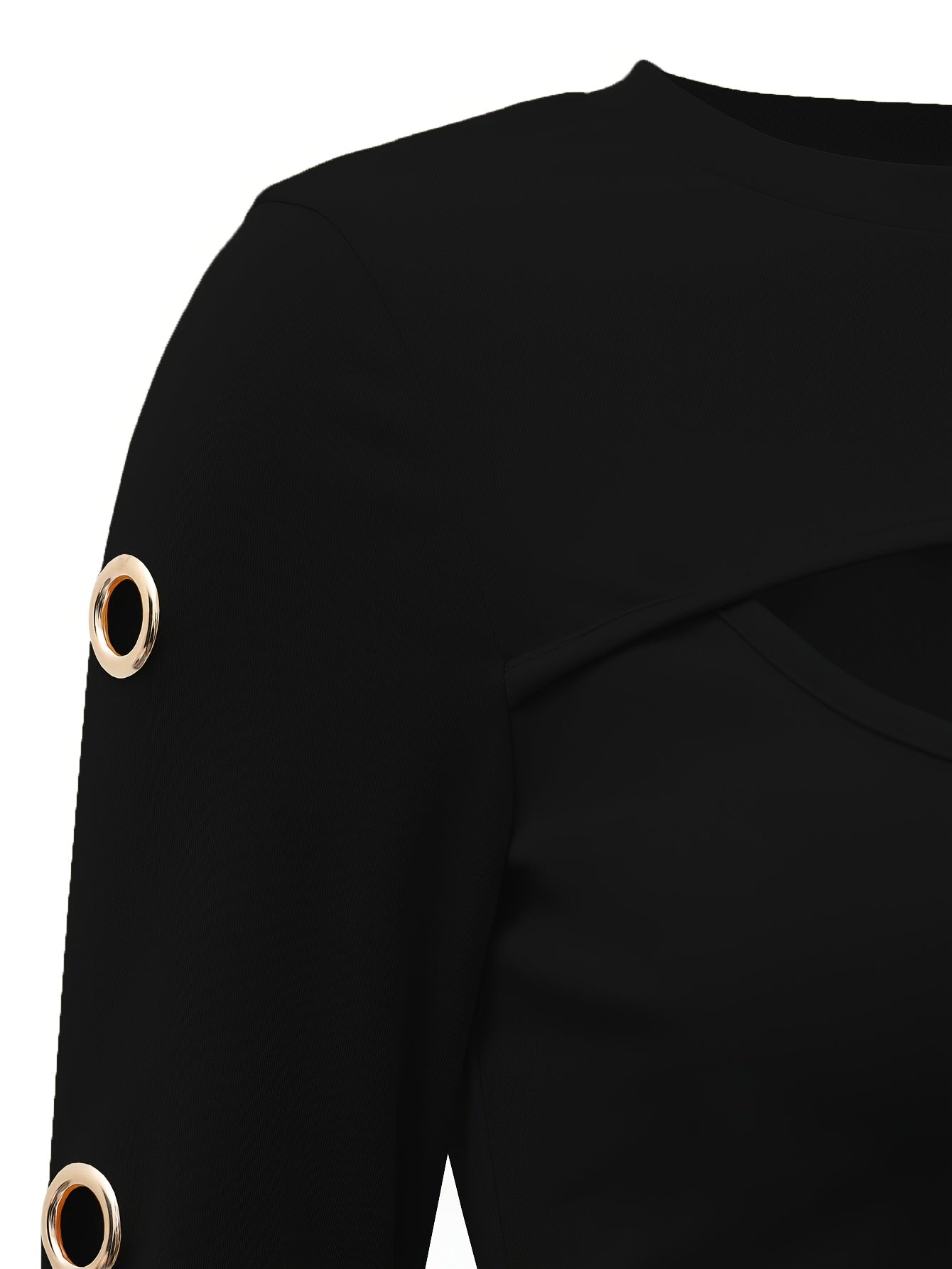 Women's Elegant Black Long Sleeve T-Shirt with Golden-Tone Circular Buttons - Round Neck Medium Stretch Top for Spring & Fall, Solid Color Regular Fit Casual to Semi-Formal Wear, Transitional Season Clothing, Sophisticated Bu