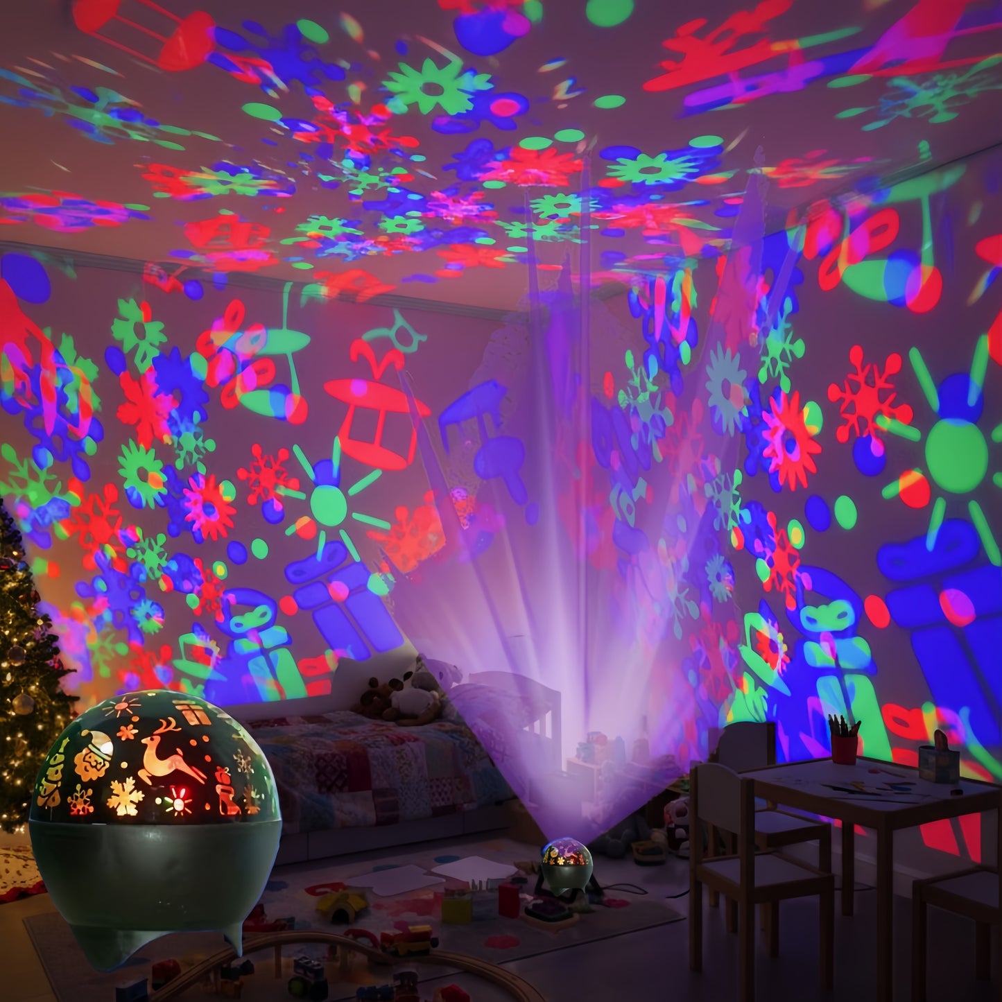 2-in-1 USB-Powered Night Light with RGB Sound Sensor & Dimmable Music Beats - USB-Powered Projection & Ambient Lighting, 5-Color RGB Night Light with Snowflake Effect