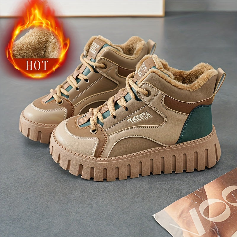 Women's Winter Thermal Snow Boots With Fleece Lining, Height Increasing Platform Thick Sole Comfortable Lace Up Mid Tube Boots