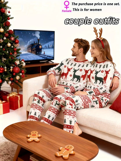 [MEN/WOMEN] Couple Style Christmas Pajamas Loungewear, New Year Gift Christmas Reindeer Print Top with Striped Pants, Long Sleeve Long Pants Pajama Set for Men or Women, Holiday Loungewear Set