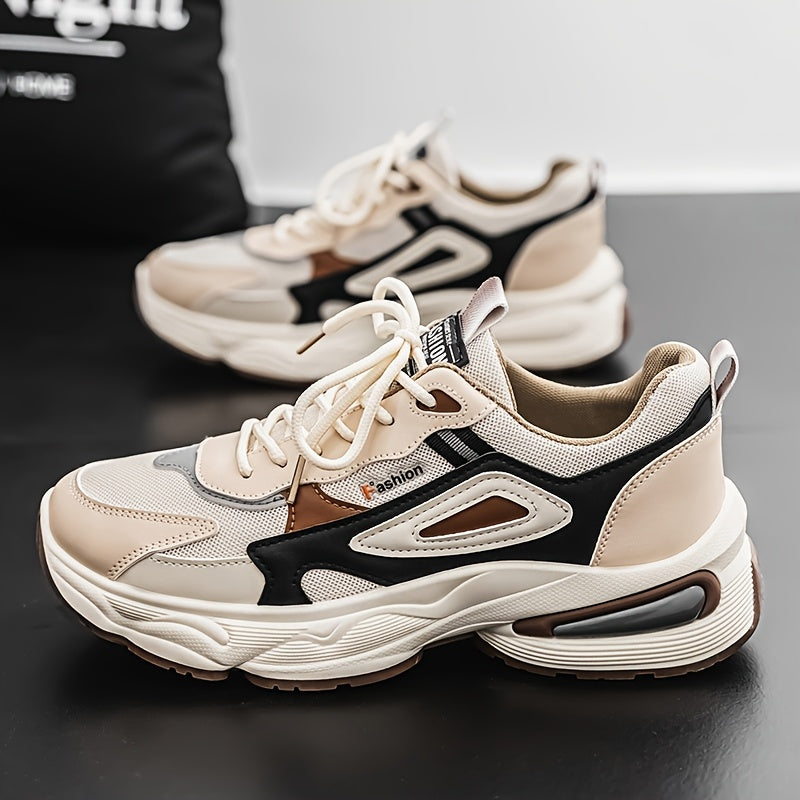 Men's Fashion Sneakers - White/Black/Brown PU Upper, Breathable Fabric Lining  Cushioned EVA Insole, Durable PVC Sole, Lace-Up Mid-Top Design for All-Season Casual  Daily Wear, High Top Sneakers, Versatile Footwear, Modern