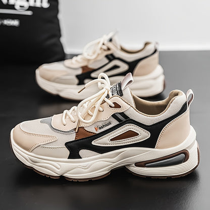 Men's Fashion Sneakers - White/Black/Brown PU Upper, Breathable Fabric Lining  Cushioned EVA Insole, Durable PVC Sole, Lace-Up Mid-Top Design for All-Season Casual  Daily Wear, High Top Sneakers, Versatile Footwear, Modern