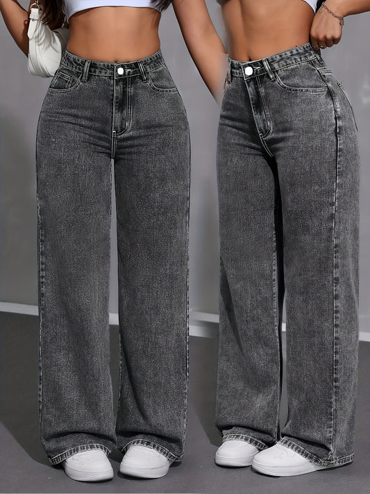 Women’s High-Waisted Straight-Leg Jeans with Stretchy Fit - ayq