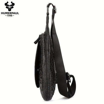 HUMERPAUL Men'S Casual Brown Leather Crossbody Bag with Alligator Print - Adjustable Strap, Multi-Compartment, Everyday Commute Shoulder Bag, Everyday Bag   Casual Style Bag   Adjustable Strap Bag