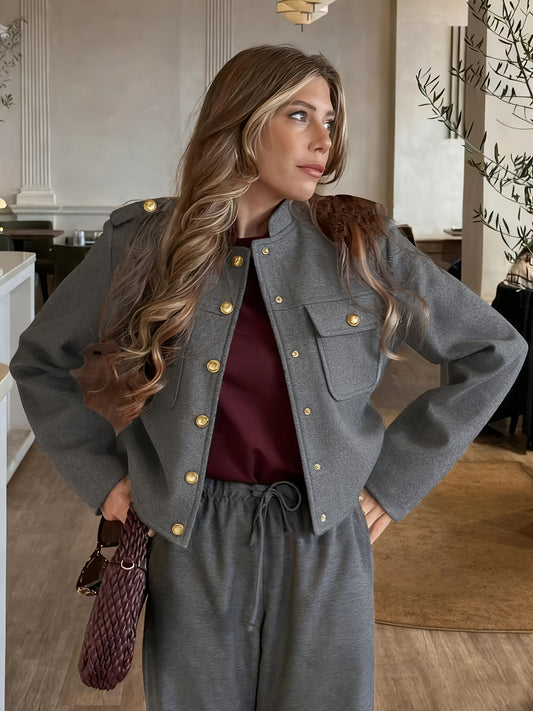 Women'S Burgundy Round-Neck Long-Sleeve Jacket with Pockets And Button Closure for Autumn And Winter, Stylish And Casual.