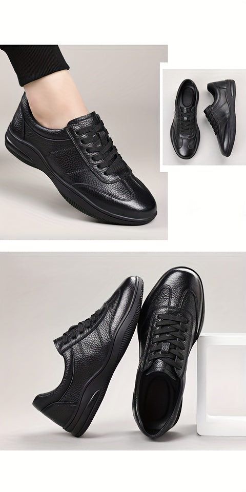 [Sneakers] Genuine Faux Leather Men'S Outdoor Casual Shoes - Comfortable And Versatile Soft Surface Lightweight Walking Shoes - High-Quality Black Lace-Up Minimalist Retro Rubber Sole Men'S Shoes - ayq