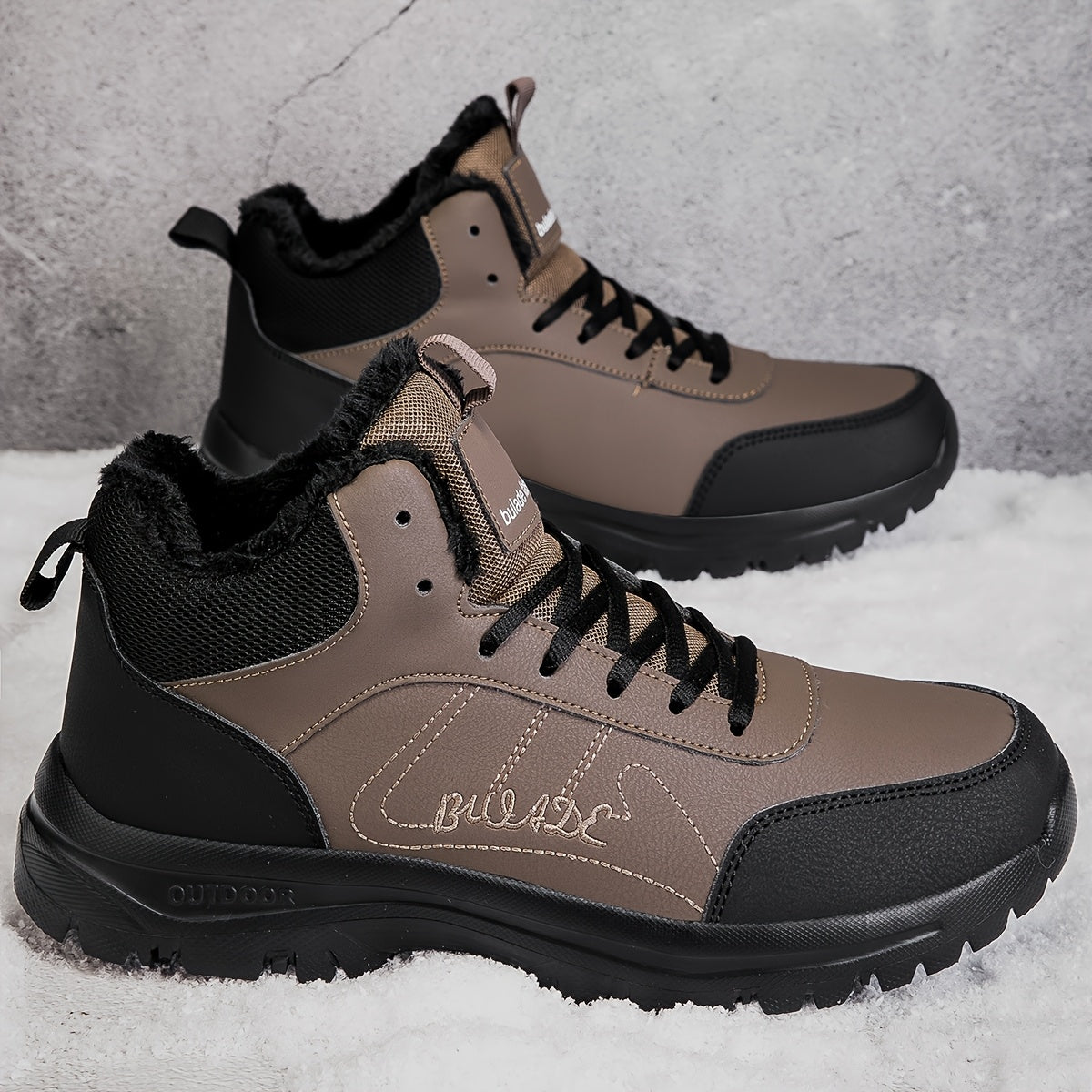 Men's Winter High-Top Ankle-High Outdoor Boots - Upper, Plush Lining & Cushioned Insole, Slip-Resistant MD Sole, Brown/Black Trekking Shoes for Snow, Ice, and Cold Weather - Lightweight & Durable Casual Winter Boots for Hikin
