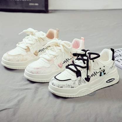 Women's White Mid-Top Sneakers with Bear  Heart Stripes Design - PU Cover  Upper, Thick Cushioned PVC Sole - Trendy Casual Shoes for All-Season Comfort