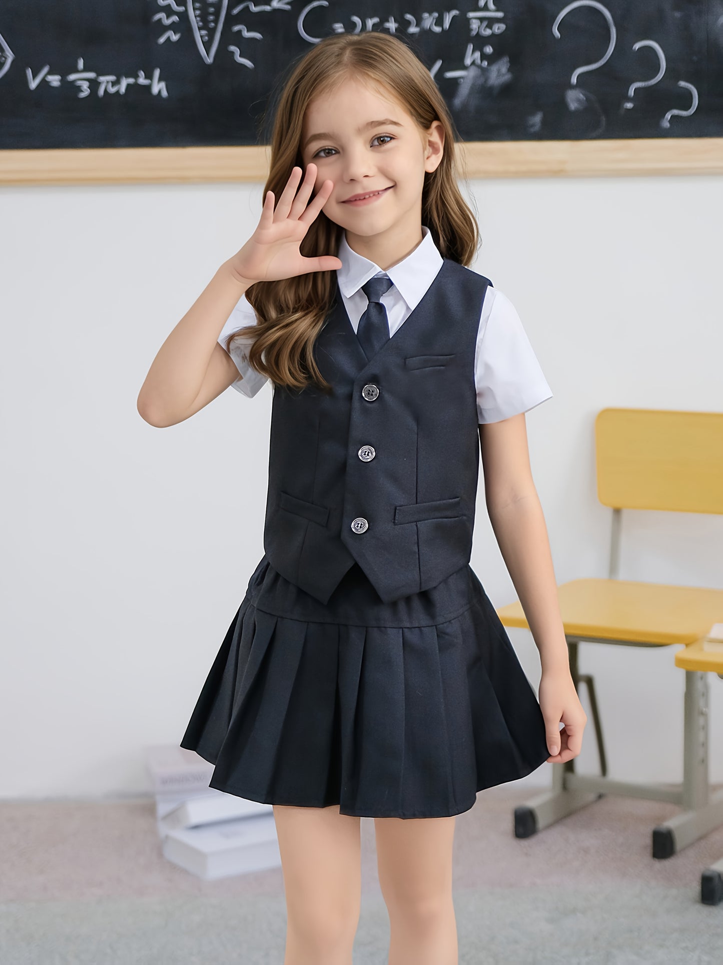 Girls' Preppy School Uniform Vest Suit Set with Skirt and Tie