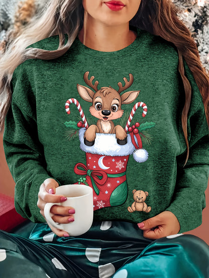 Women'S Christmas Sweater - Soft Pink Holiday Party Top with Deer in Santa Hat & Candy Cane Graphic, Cozy Long Sleeve Shirt for Christmas, New Year'S Eve, Everyday Winter Outfits - Sizes S-XXL (Extended Sizes Available) - Non