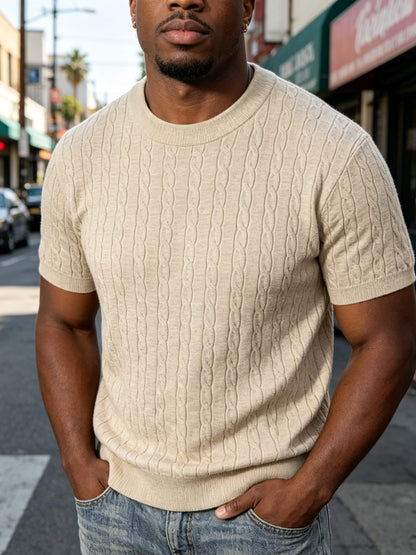 Men's Classic Cable Knit Crew Neck T-Shirt for Summer