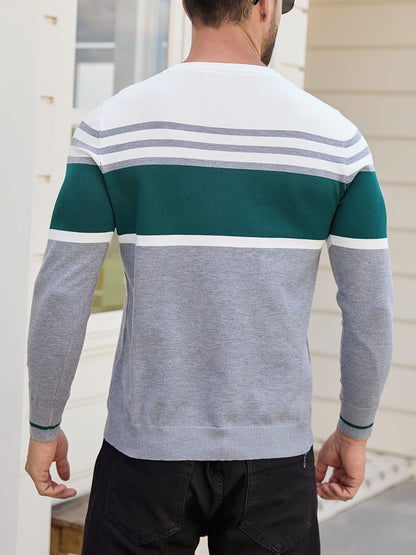 Men's Casual Comfort Knit Sweater, New Spring/Autumn Round Neck Base Layer Three-Stripe Contrast Color Pullover