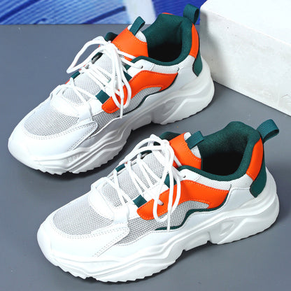 Women's Breathable Mesh Sneakers - Lightweight Lace-Up Sneakers with Contrasting Color Design, White Base with Green  Orange Accents, Perfect for Tennis, Outdoor Activities, and Casual Attire, Casual Sneakers   Casual Sneake