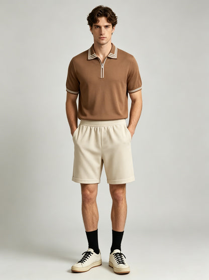 Men's Casual Striped Knit Polo & Lightweight Shorts Set