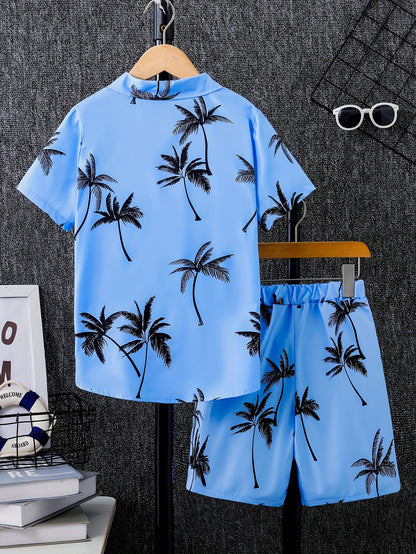 2pcs Boys Casual Coconut Tree Graphic Print Short Sleeve Lapel Shirt & Shorts Set, Comfy Summer Boys Clothing For Daily & Outdoor Wear