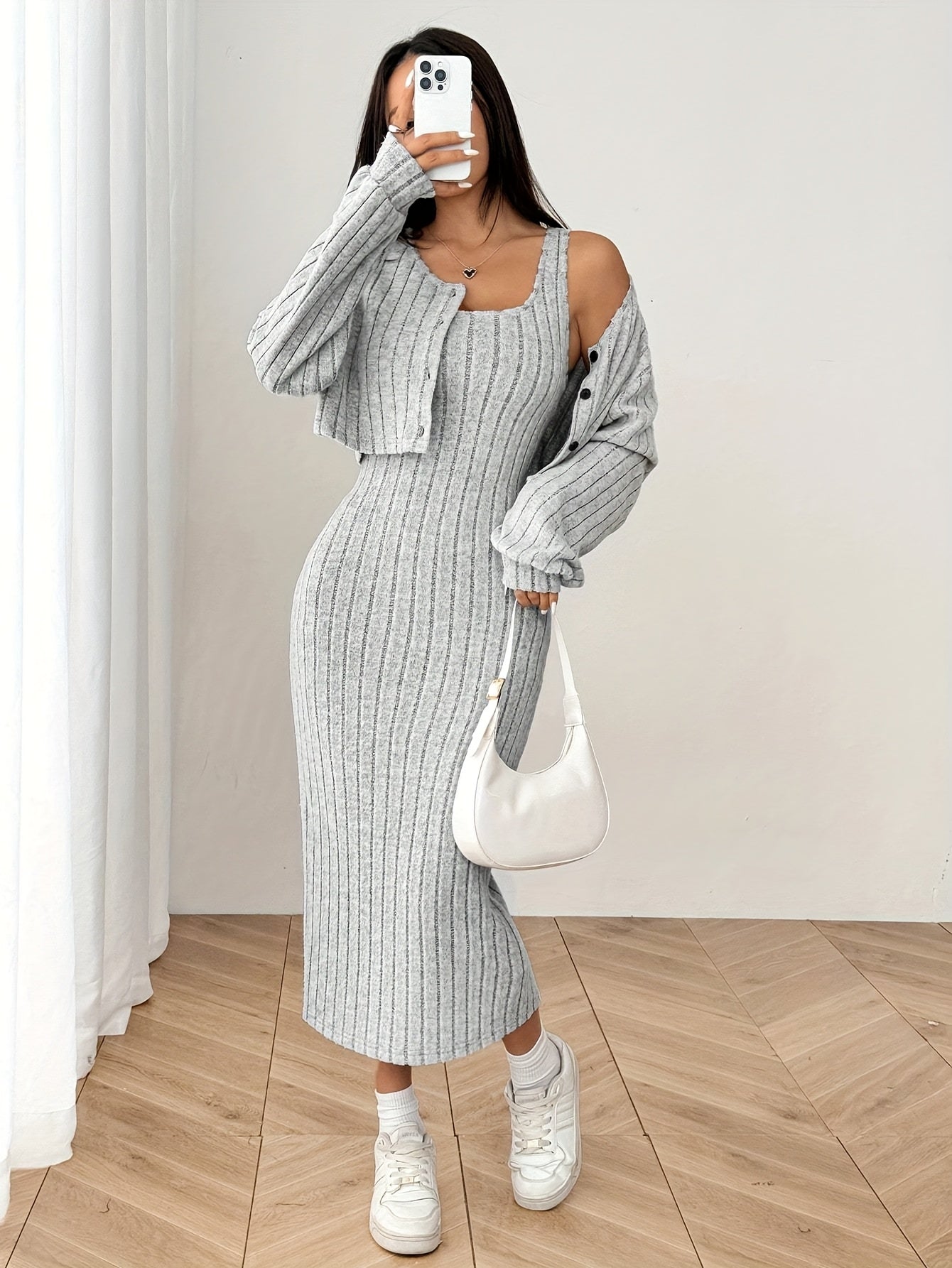 Women'S Autumn And Winter Outfit Featuring a Long-Sleeve Top with a Coat And a Camisole Dress in a Two-Piece Set.