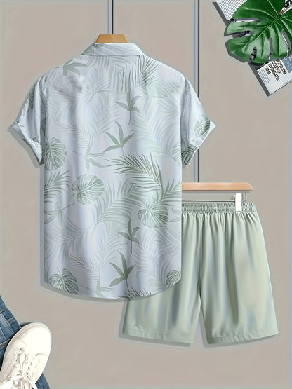 Men's Casual Summer 3D Print Lapel Shirt and Drawstring Shorts Set