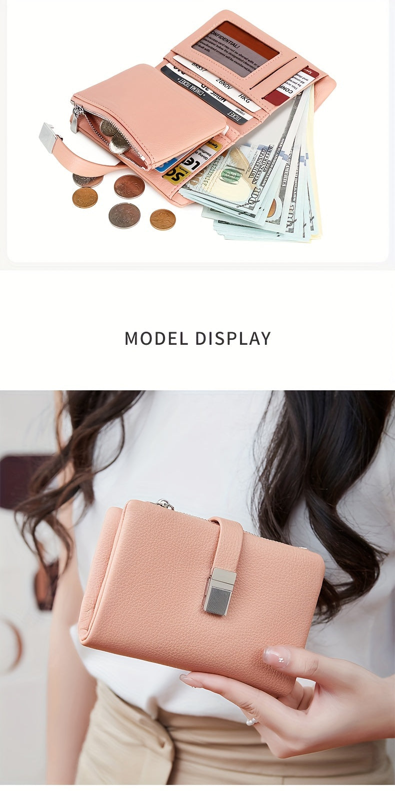 A Compact Trifold Wallet Made of Soft PU in a Solid Color, Featuring Metal Accents. It Includes a Zippered Coin Pocket, Card Slots, And an ID Window, Suitable for Credit Cards, ID Cards, Cash, And Coins. This Modern, Lightwei