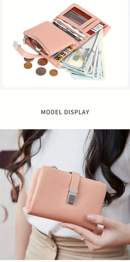 A Compact Trifold Wallet Made of Soft PU in a Solid Color, Featuring Metal Accents. It Includes a Zippered Coin Pocket, Card Slots, And an ID Window, Suitable for Credit Cards, ID Cards, Cash, And Coins. This Modern, Lightwei