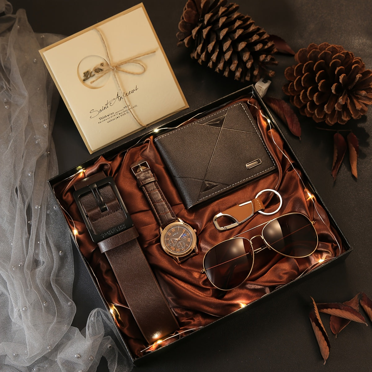 7pcs Men's Gift Set: Trendy Glasses, Multi-Functional Wallet, Business Watch, Creative Keychain, Stylish Belt, Thoughtful Greeting Card & LED Light, Exuding Elegance