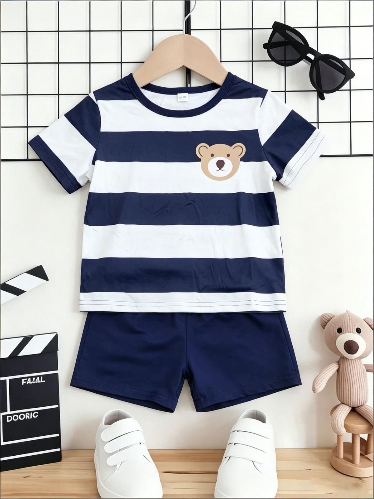 Boys Summer Casual Blue White Stripe Short Sleeve T-Shirt & Shorts Set - ayq