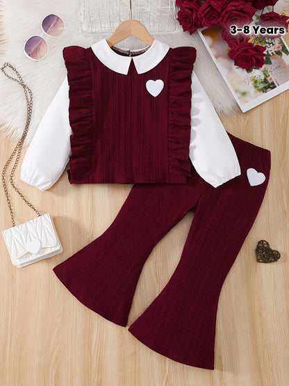 2pcs Girls' Doll Collar Long Sleeve Geometric Knit Top + Solid Color Retro Elegant Flared Pants Autumn/Winter New Set, Perfect for Outdoor