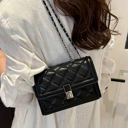 Women' Elegant Black Handbag with Rotating Lock Closure & Chain Strap - Convertible Crossbody/Shoulder Bag Suitable for, Travel, Daily Use - Durable Structured Wallet-Purse with Chain Strap Accessory ()