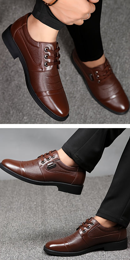 Men'S Genuine Leather Winter Warm Business Casual Shoes - Rubber Sole, Lace-Up Low-Top Design with Fabric Lining for All-Day Comfort, Black Solid Color for Office & Daily Wear