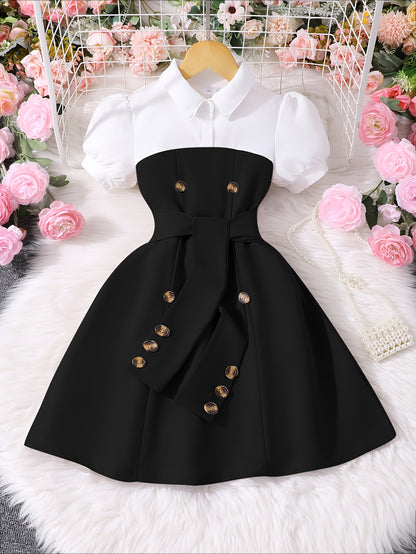 Girls' Preppy Black & White Color-Block A-Line Dress with Belt