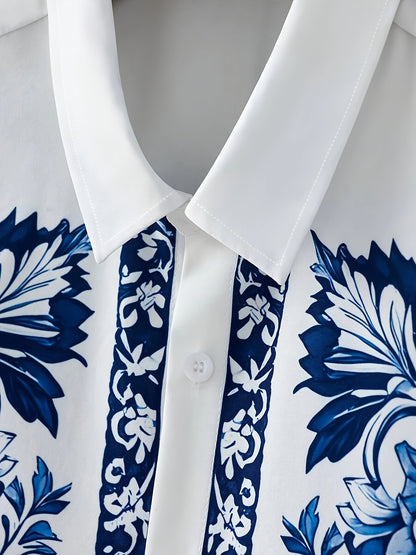 Men'S Two Sets of Floral Print Casual Button-Up + Drawstring Sports Shorts Two-Piece Hawaiian Beach Sports Styl