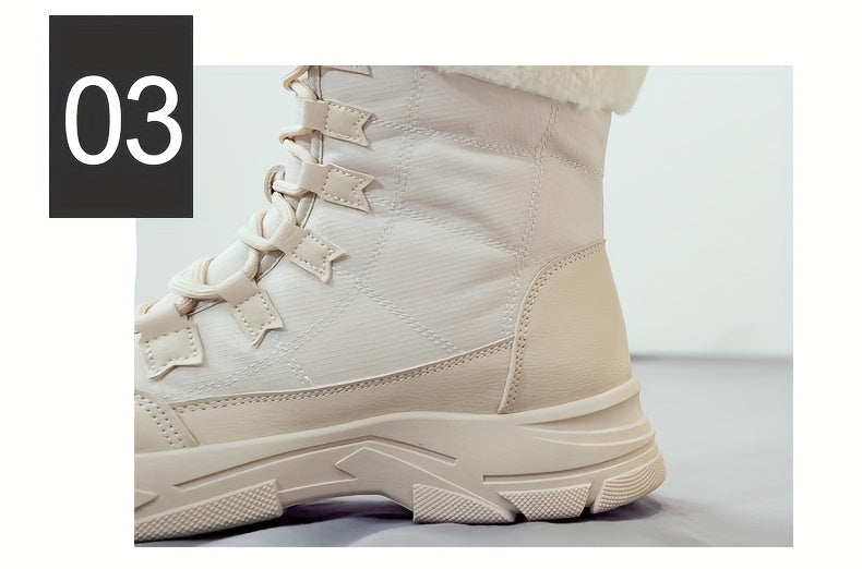 Women'S Winter Boots - Thick Platform Sole for Height & Traction, Lace-Up Mid-Calf Boots with PU Synthetic Cover Upper, Non-Slip PVC Outsole - Beige/White Cold Weather Shoes for Everyday, Formal, Party - Easy-Clean & Durable